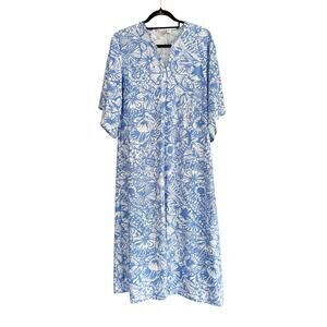 Jude Connally Large Blue White Patterned Short Sleeve Midi Dress Stretchy Comfy
